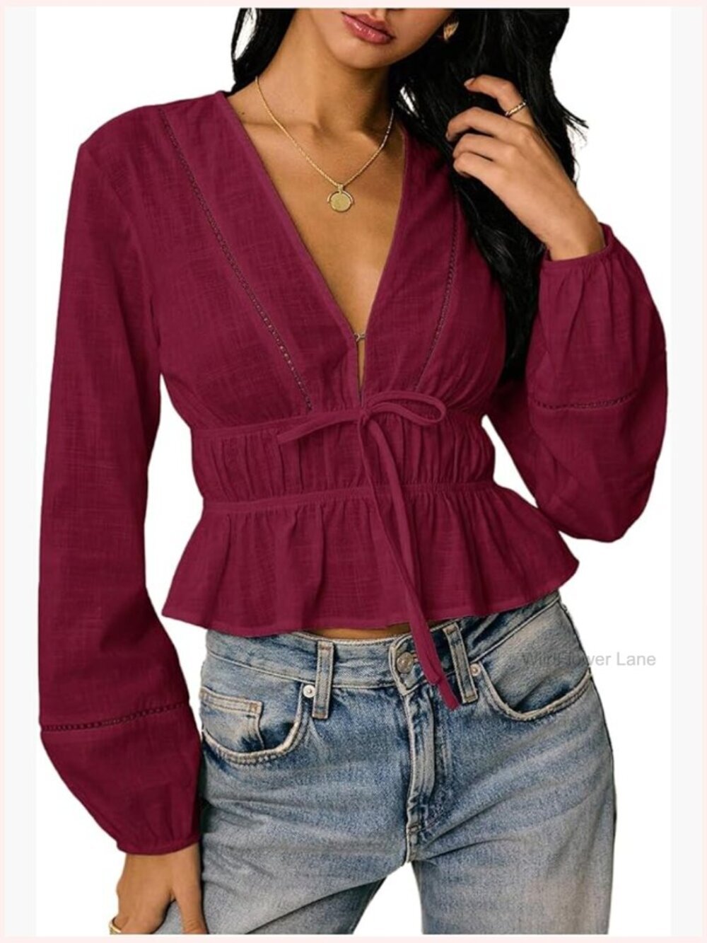 Bow Tie Front Deep V Neck Peplum Blouse Long Sleeve Ruffle Shirt